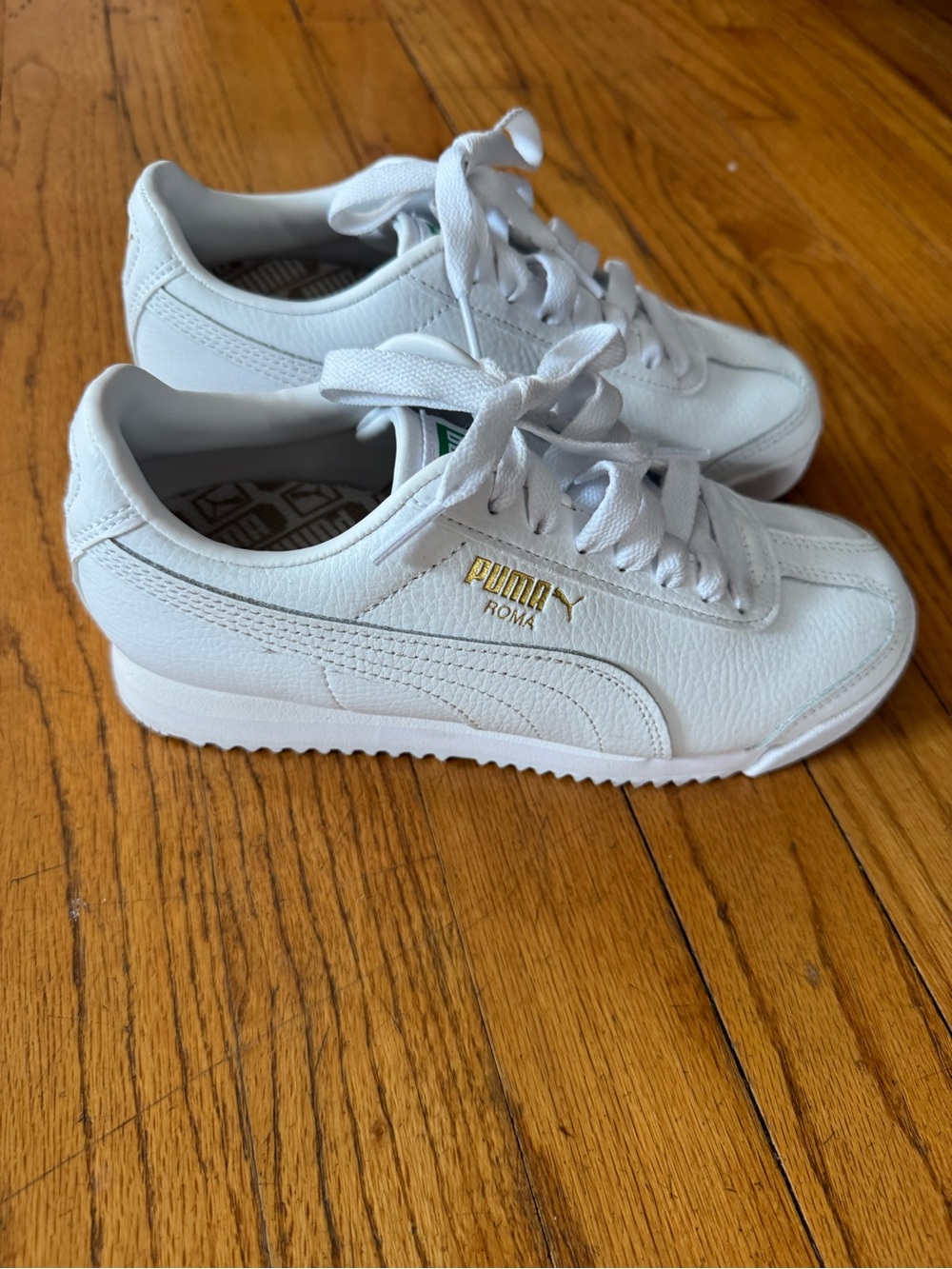Puma Kids White Leather Roma Sneakers with Gold Logo